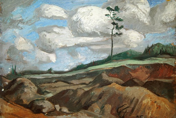 Landscape painting of hills, rocks, green grass on a hillside with blue skies and pluffy white clouds