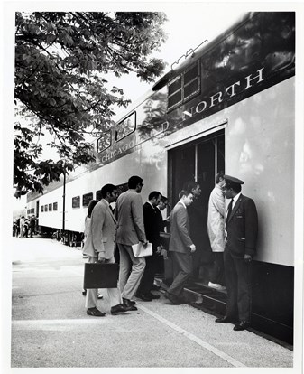 Black and white photo of an early commuter train in Lake County