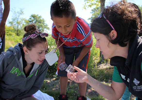 Instructors showing young child insects in the woods