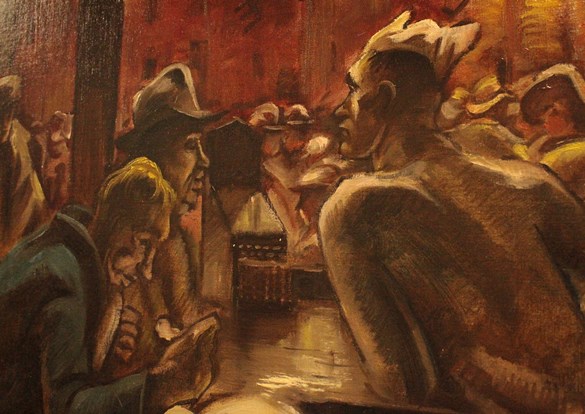 Painting of men at a bar by artist Reima Ratti