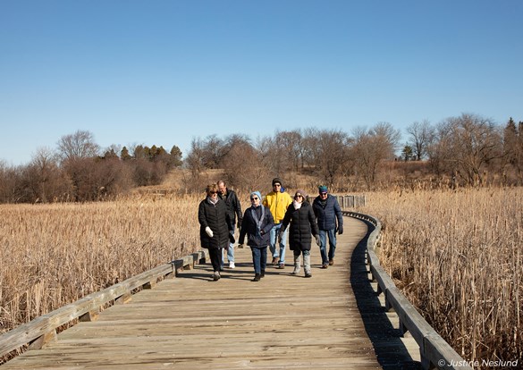 Large group of people out for a Sunday walk on the boardwalk