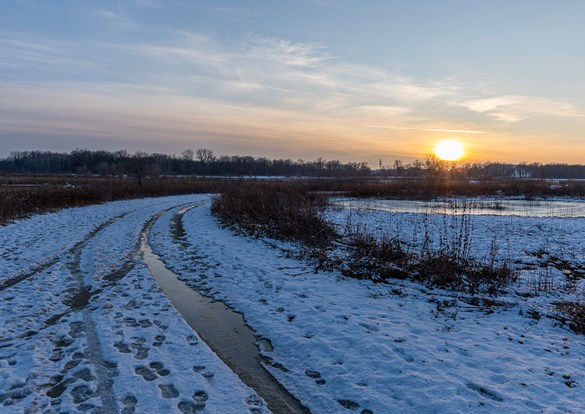 bright orange sun setting over snow covered trails.