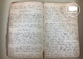 Old Crofton cookbook, pages are turning brown around the edges with pen and ink handwritten recipes