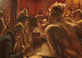 Painting of men at a bar by artist Reima Ratti