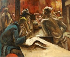 Painting of men at a bar by artist Reima Ratti