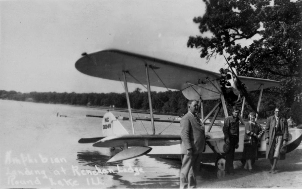 Old photo of amphibian plane landing in Round Lake, Round Lake, Illinois