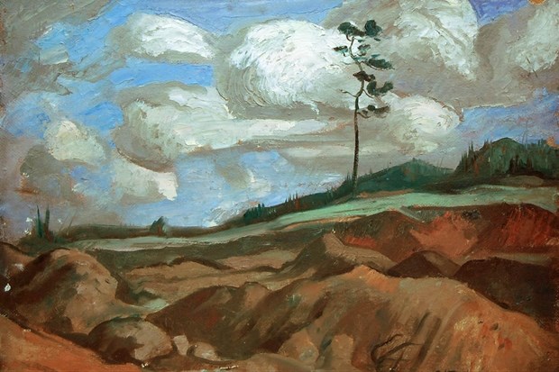 Reima Ratti painting of cloudy blue skies over green grass hills