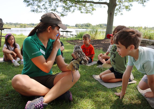 Educator with a live owl perched on her hand, teaching a group of children