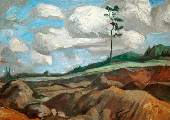 Reima Ratti painting of cloudy blue skies over green grass hills