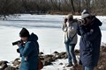 Volunteer photographers taking photos along the frozen banks of a river..