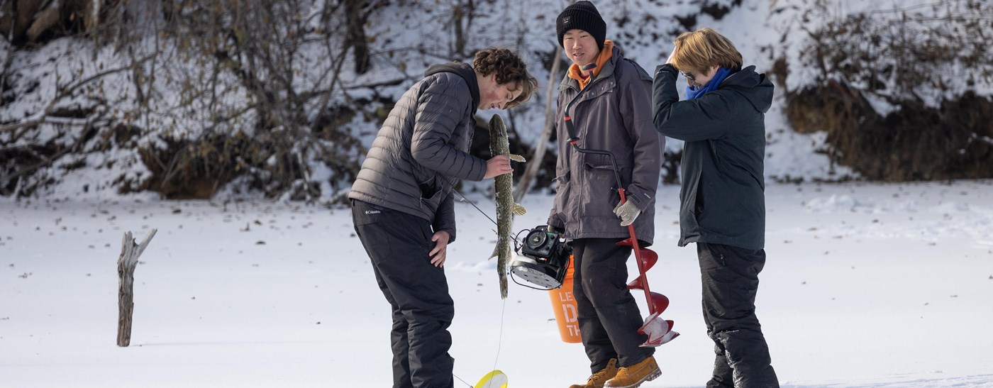 Three young men holding a large fish from their ice fishing hole