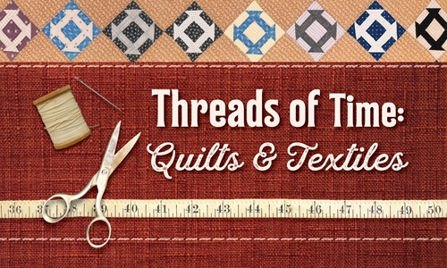 Threads of Time: Quilts and Textiles logo, patchwork material with spool of thread and needle, scissors and a tape measure.