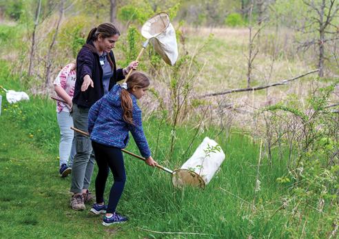 Instructor teaching children how to catch insects in the woods with nets